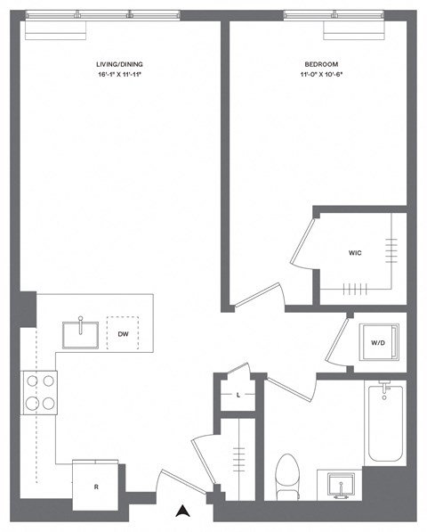 Floor plan for 1 bed, 1 bath, 700 sqft